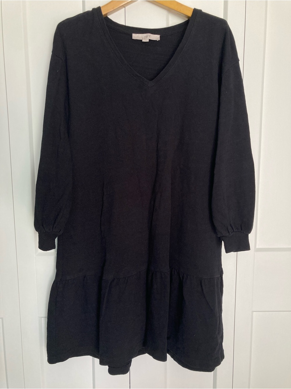 LOFT Black V-Neck 100% Cotton Ruffle Dress